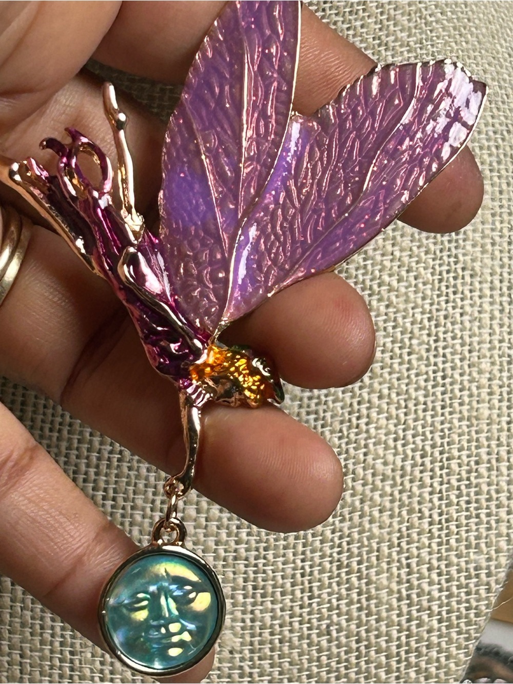 Iridescent Purple Dragonfly Brooch with Moon Charm